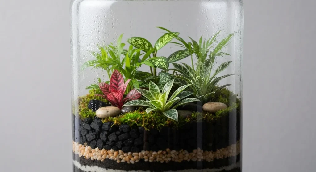 Un terariu din sticlă conține diverse plante tropicale mici, pietre, cărbune și mușchi, cu condens pe pereții interiori.