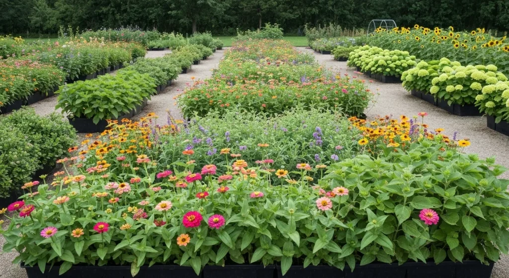 O grădină de flori diverse, plantate dens în rânduri, cu flori de diferite culori și înălțimi, pregătite pentru a fi tăiate.