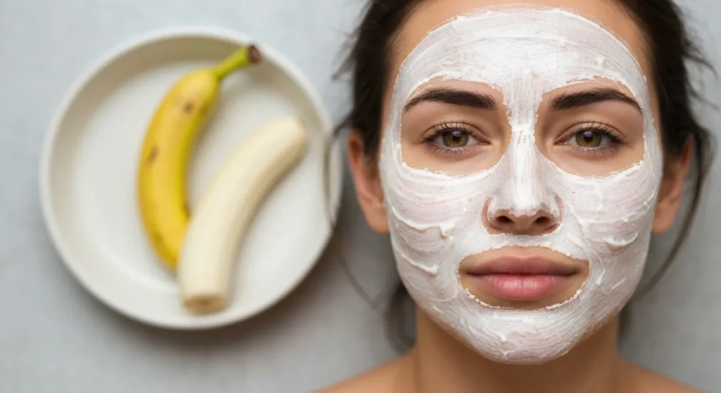 O mască facială din banană, miere și iaurt aplicată pe o față.