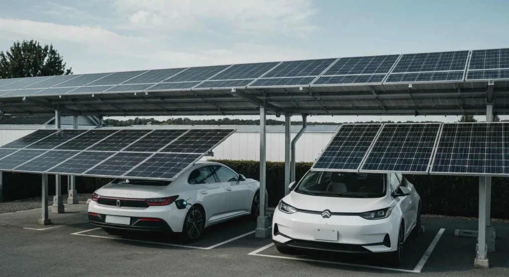 O mașină electrică parcată sub un panou solar pe acoperișul unei case.