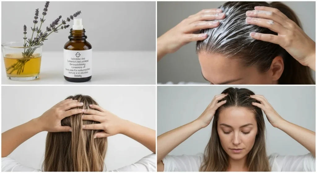 O femeie aplică o mască de păr din ulei de cocos și uleiuri esențiale pe scalp.