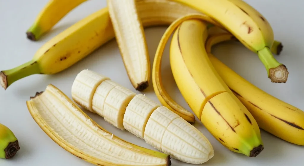 Coji de banane proaspete, tăiate și neprelucrate, aranjate pe o suprafață curată.