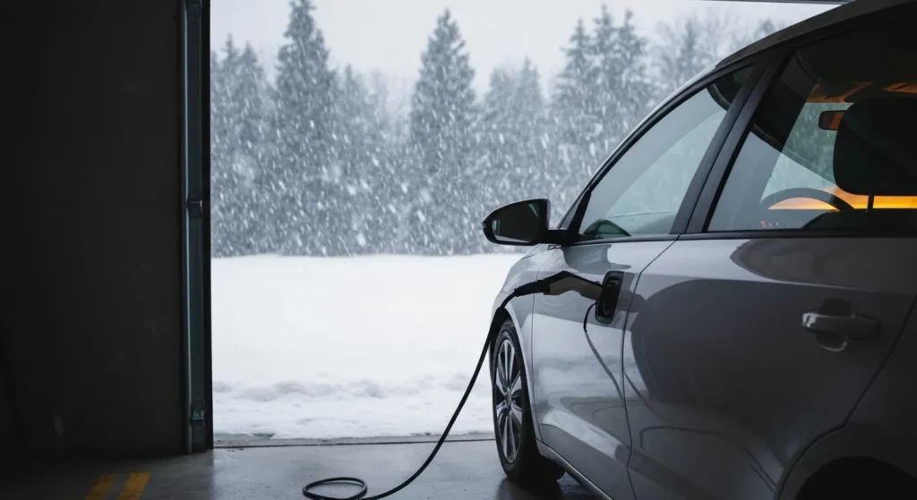 Mașină electrică încărcată într-un garaj, cu zăpadă căzând afară.