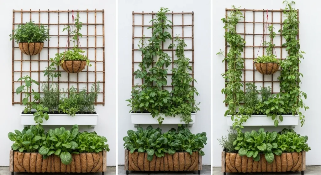 Grădină verticală compactă cu plante cățărătoare pe o spalieră din bambus, containere suprapuse și plante în ghivece suspendate.