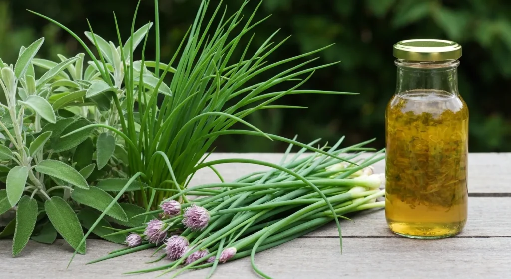 Un borcan cu oțet aromat cu ceapă verde, alaturi de plante de ceapă verde proaspăt culese.