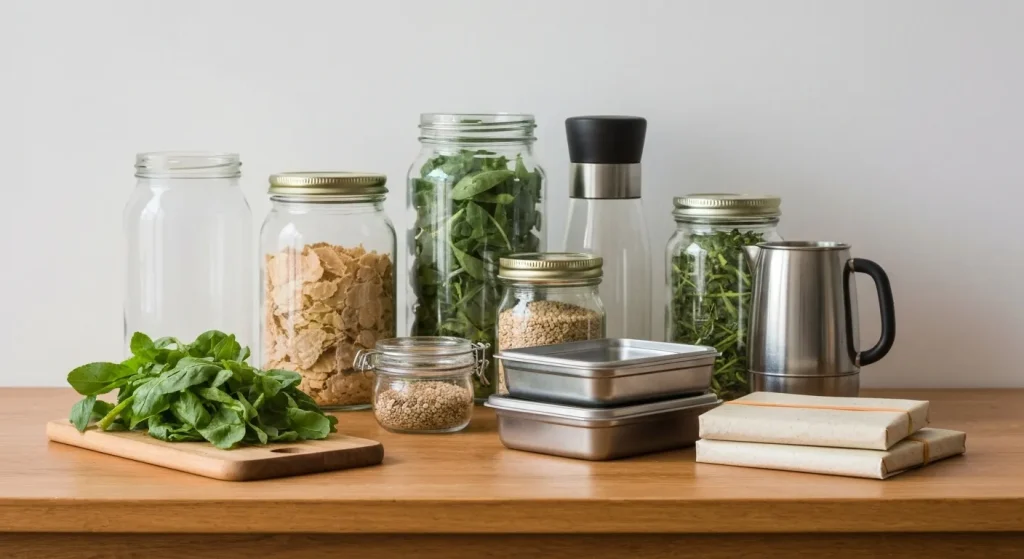 Diverse recipiente ecologice pentru depozitarea resturilor de mâncare: borcane de sticlă, recipiente din inox, hârtie de copt, cârpe și folie de aluminiu.