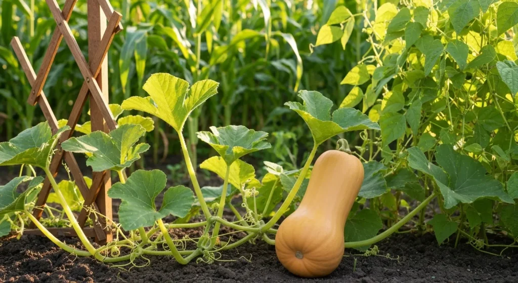 Un dovleac butternut copt pe pământ, lângă plante de porumb și fasole, cu o spalieră din lemn în apropiere.