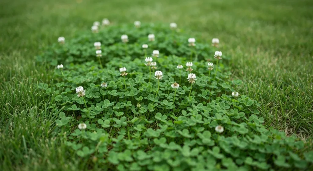 Un gazon dens de trifoi verde, amestecat cu alte plante, necesitând puțină întreținere.