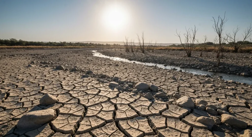 Peisaj arid cu pământ crăpat, vegetație uscată și albia unui râu secat.