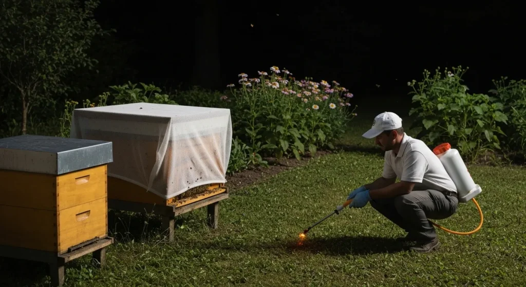O stupină protejată cu pânză, lângă o persoană aplicând pesticide granulare pe sol, în fundal fiind o grădină cu flori.