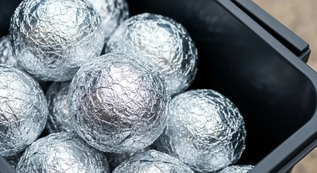O minge compactă de folie de aluminiu curată, pregătită pentru reciclare.