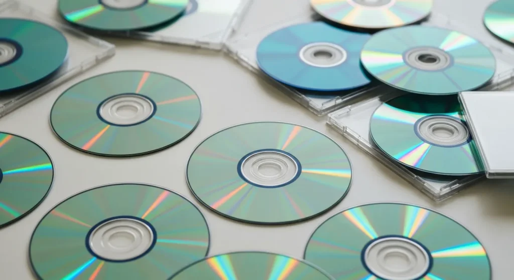 O colecție de CD-uri uzate și carcasele lor de plastic, aranjate într-un mod creativ sau pentru reciclare.