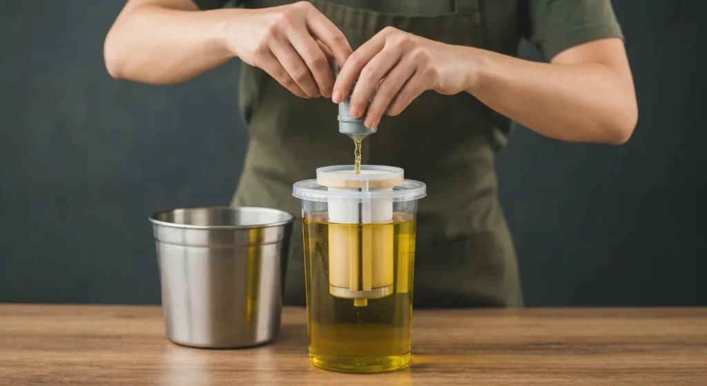 Un bărbat filtrează ulei vegetal uzat din recipiente din plastic, pregătindu-l pentru utilizare ca combustibil.