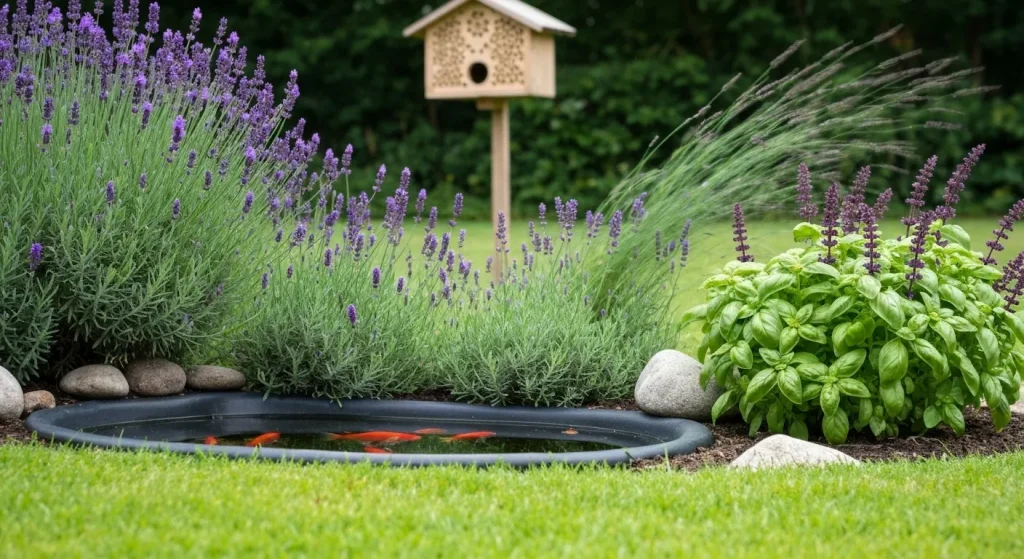 O grădină de vară cu plante aromatice, un iaz ornamental cu peștișori și o casă pentru lilieci.