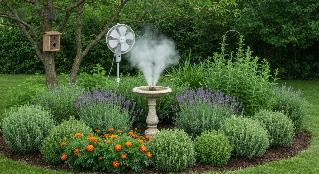 O grădină cu plante aromatice, flori vibrante, o casă pentru lilieci și un ventilator, toate menite să respingă țânțarii.