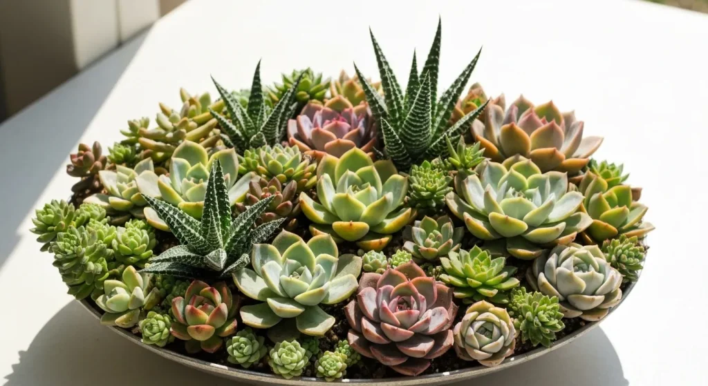O colecție diversă de plante suculente plantate dens într-un recipient puțin adânc, aranjate într-o grădină în tavă.