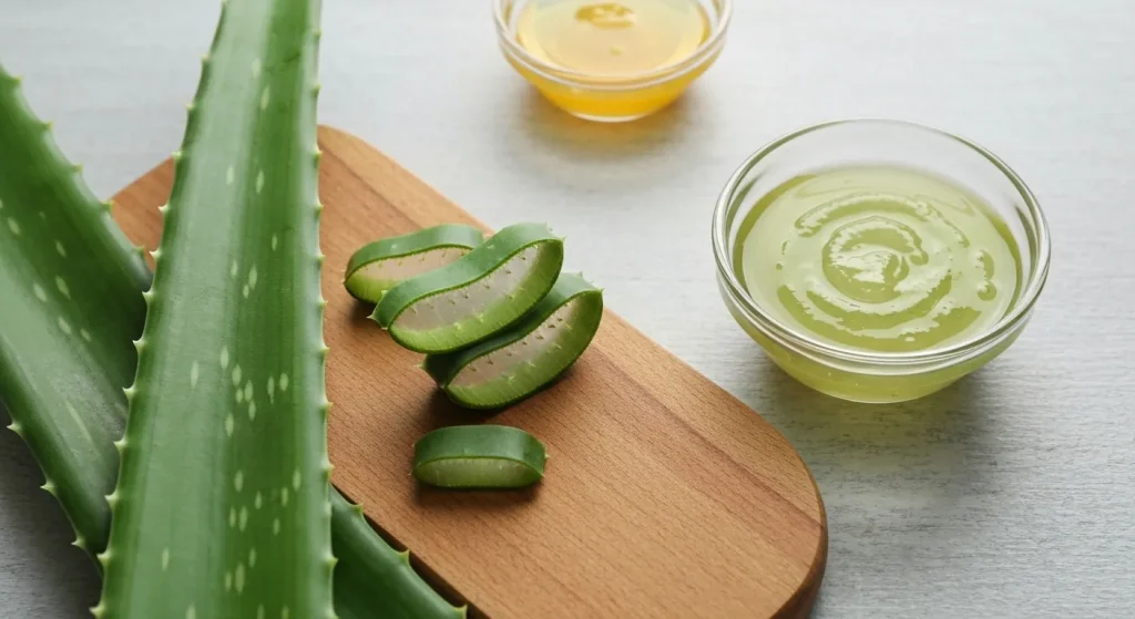 Un bol mic conține o mască facială de aloe vera, suc de lămâie și miere.
