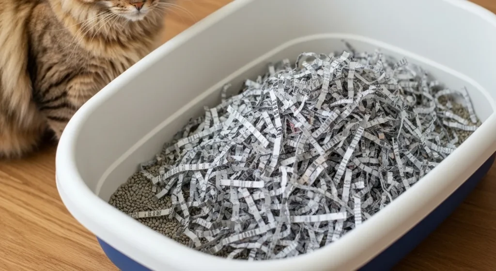 O pisică supraveghează un recipient cu așternut pentru pisici din hârtie reciclată, uscat și gata de utilizare.