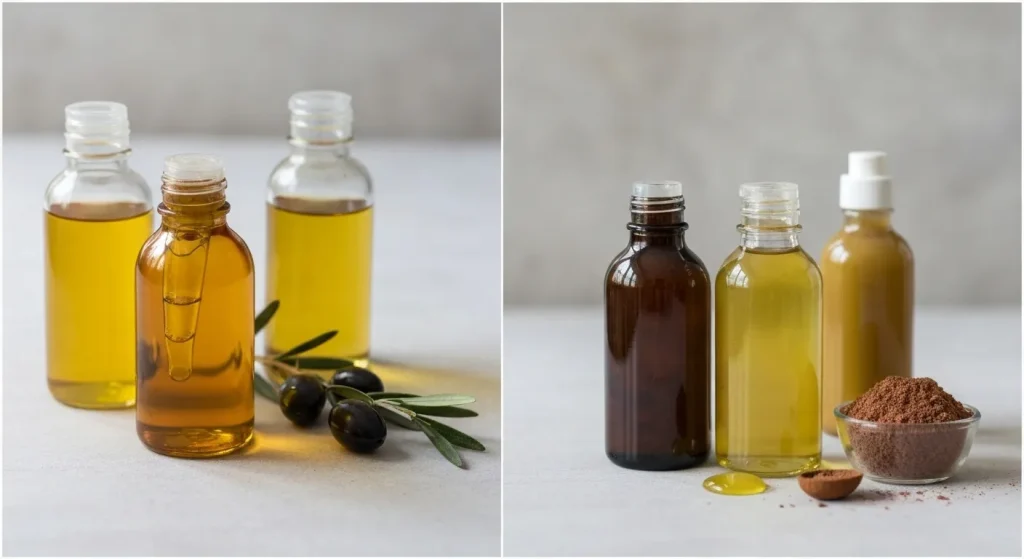 Rețete DIY de șampon organic cu ingrediente naturale, prezentate în sticle simple.
