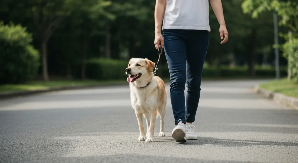 Un câine și un om merg la pas, liniștiți, unul lângă altul, cu lesa lejeră.
