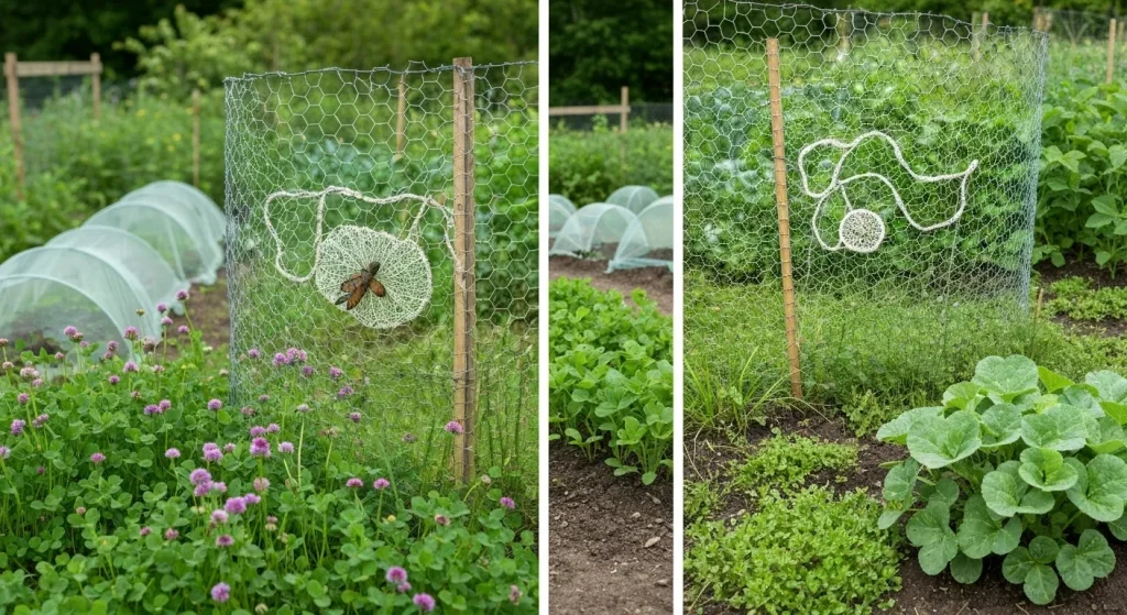 O grădină cu plante verzi, gard din plasă de sârmă decorat, și o acoperire flotantă peste răsaduri.