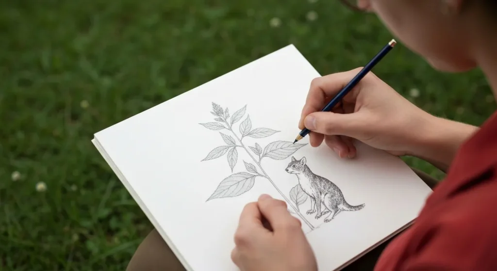 Un naturalist notează observațiile sale despre o plantă, incluzând schițe detaliate și note.