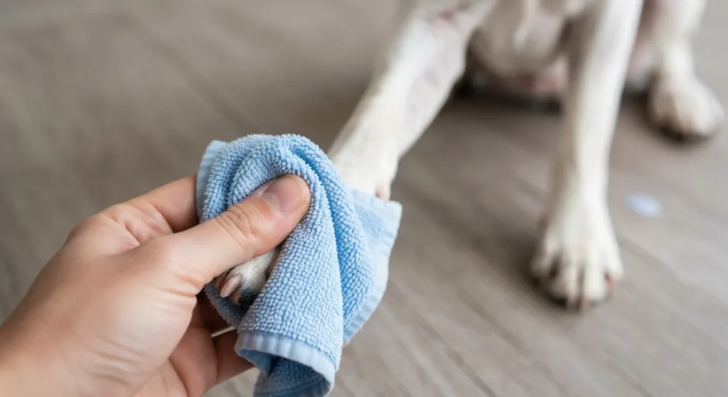 Un câine își linge laba, prezentând semne de alergie cutanată.