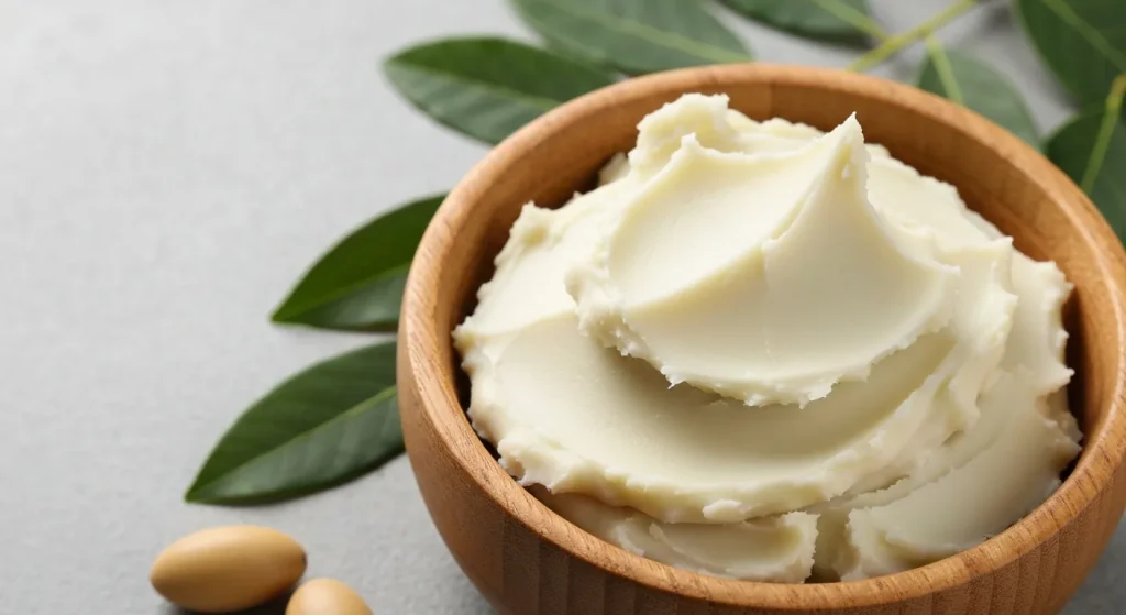 Unt de shea crud, nerafinat, într-un recipient din lemn, cu frunze de shea în fundal.