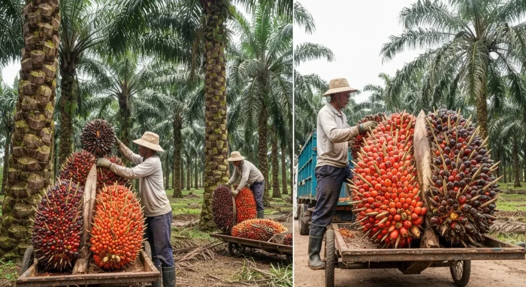 Muncitori recoltează ciorchini de fructe de palmier roșii-portocalii de pe palmieri înalți, într-o plantație.