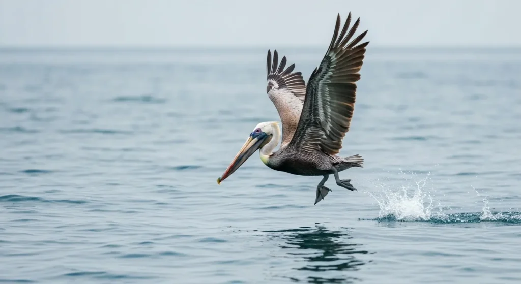 Un pelican brun mare plonjează în apă pentru a prinde un pește.