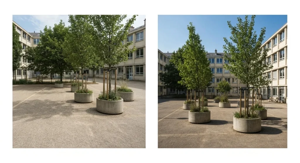 O curte de școală pariziană, înainte și după transformarea sa prin proiectul Oasis, arătând o diferență clară între o suprafață pavată și una cu vegetație.