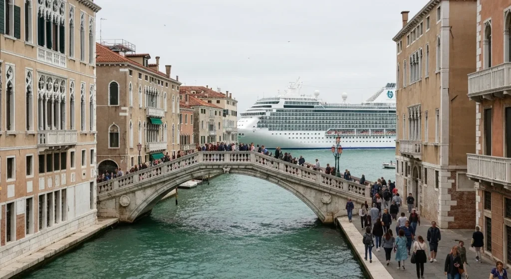 O mulțime mare de turiști pe un pod îngust într-un oraș italian, cu clădiri istorice în fundal.