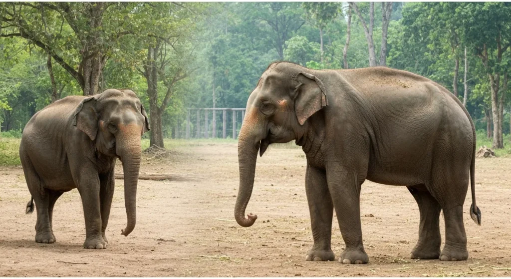 Un elefant asiatic slab, într-un spațiu îngrădit.