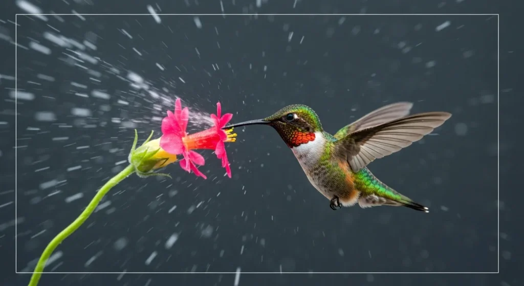Un colibri se hrănește dintr-o floare artificială într-un tunel de vânt, menținându-și echilibrul în ciuda vântului puternic.