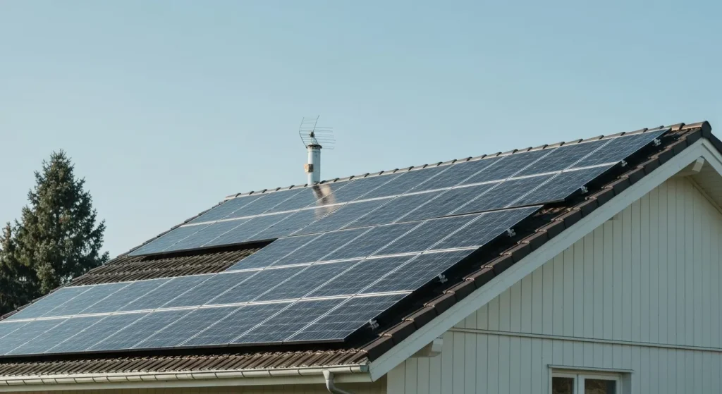 O casă rezidențială cu panouri solare instalate pe acoperiș, într-o zi însorită.