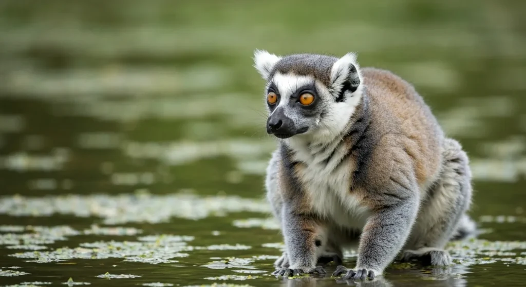 Un lemur blând de la Lacul Alaotra în habitatul său din Madagascar, amenințat de pierderea habitatului.