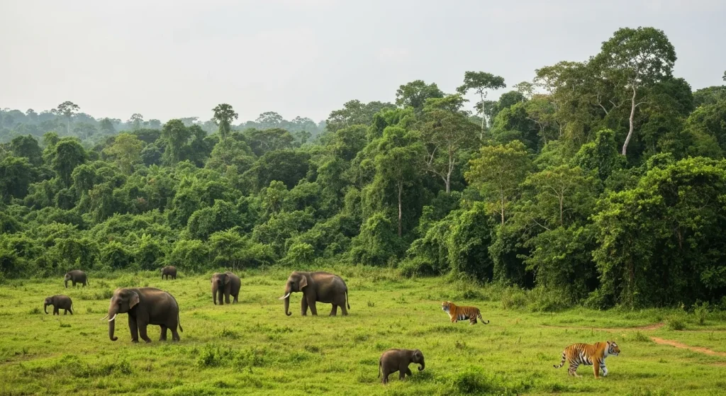 O rezervație naturală luxuriantă în India, cu vegetație densă și animale sălbatice, cum ar fi elefanți și tigri.