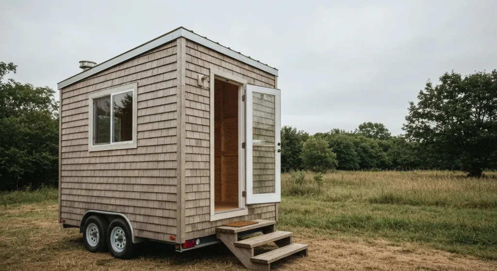 Casă mică construită pe o remorcă, cu pereți din lemn și un interior minimalist.