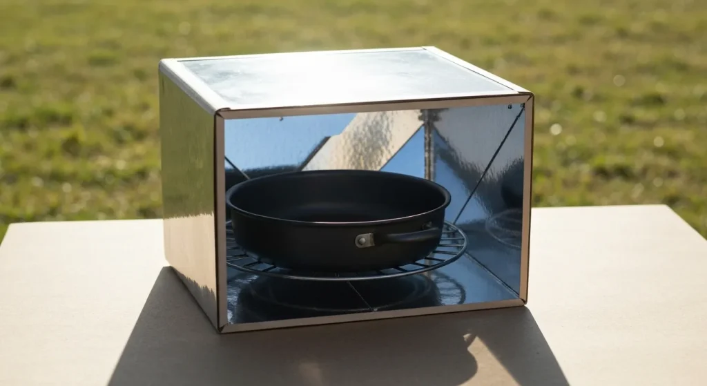 Un cuptor solar tip cutie, cu o oală întunecată în interior, amplasat la soare pentru a concentra razele solare.