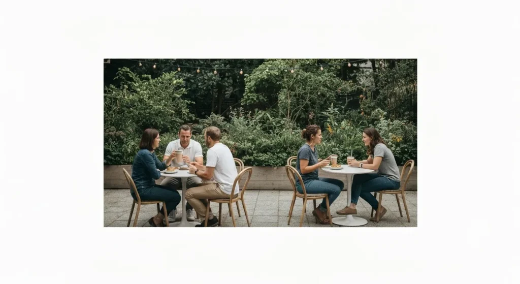 O cafenea exterioară aglomerată, cu clienți care beau cafea din căni reutilizabile, într-un cadru verde și relaxant.