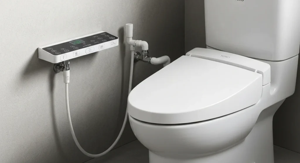 Toaletă modernă cu capac de toaletă cu funcție de bidet, cu panou de control montat pe perete.
