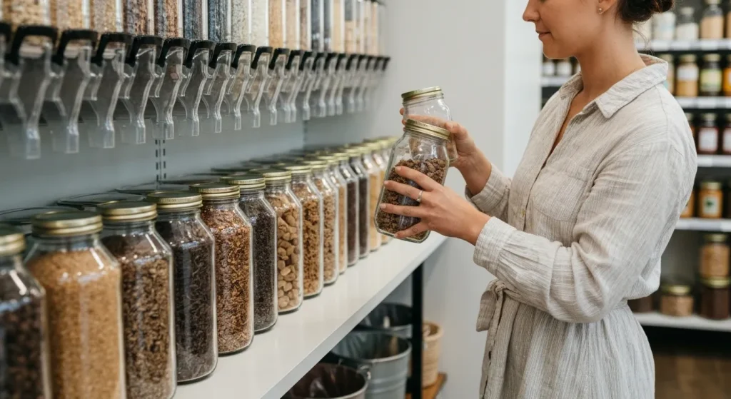 O persoană umple borcane de sticlă reutilizabile cu produse vrac la un magazin alimentar.