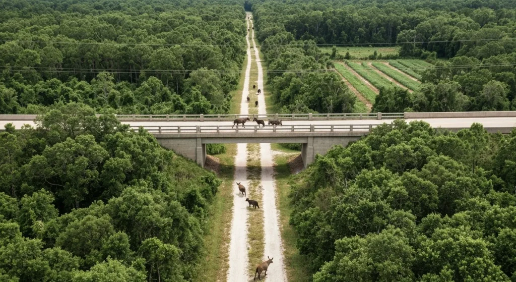 O imagine a unui coridor de viață sălbatică, arătând un traseu natural care leagă zone de habitat izolate, cu animale sălbatice în apropiere.