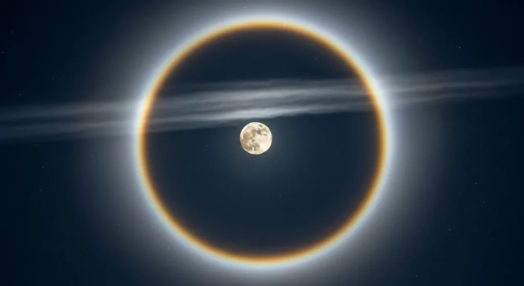 Lună plină înconjurată de un inel luminos, format din refracția luminii prin cristale de gheață din nori cirrus.