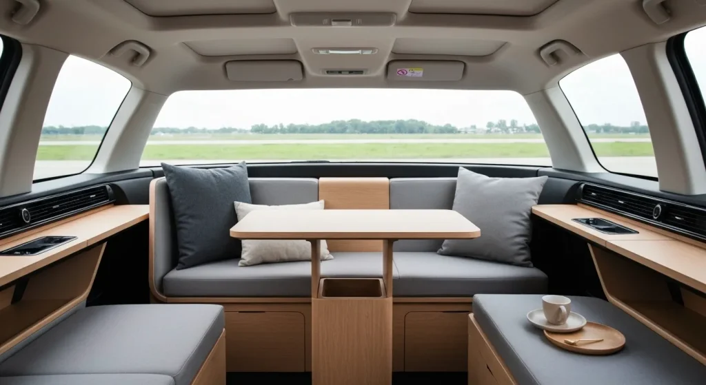 Interiorul unei mașini autonome, amenajat ca o cameră de zi modernă, cu scaune confortabile și o masă.