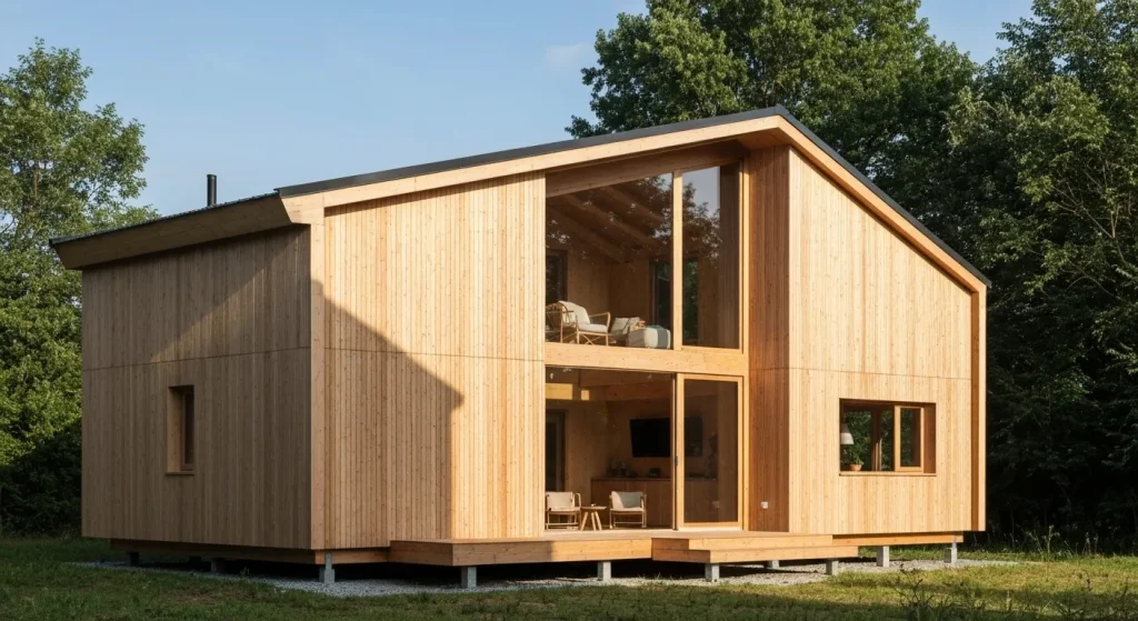 O casă modernă construită din materiale naturale, cum ar fi lemnul și paie, cu lumină naturală abundentă.
