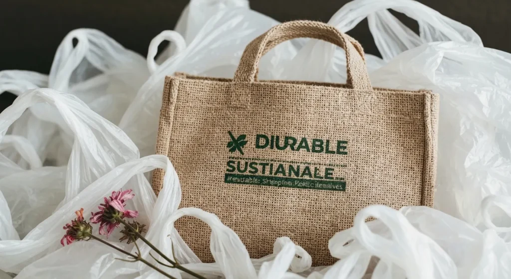O geantă reutilizabilă din materiale durabile, așezată printre pungi de plastic aruncate.