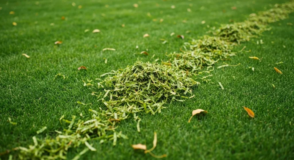 O mașină de tuns iarba cu mulcire toacă frunzele căzute pe un gazon verde.