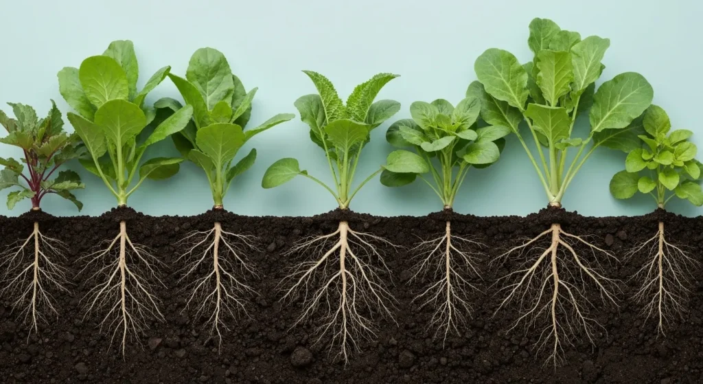 Sistem radicular divers al mai multor plante, vizibil sub pământ, într-o grădină.