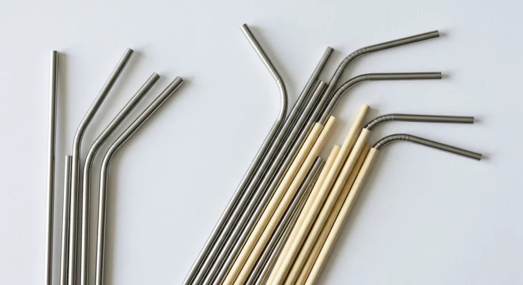 Paie reutilizabile din metal și paie de hârtie ecologice pe un fundal alb.